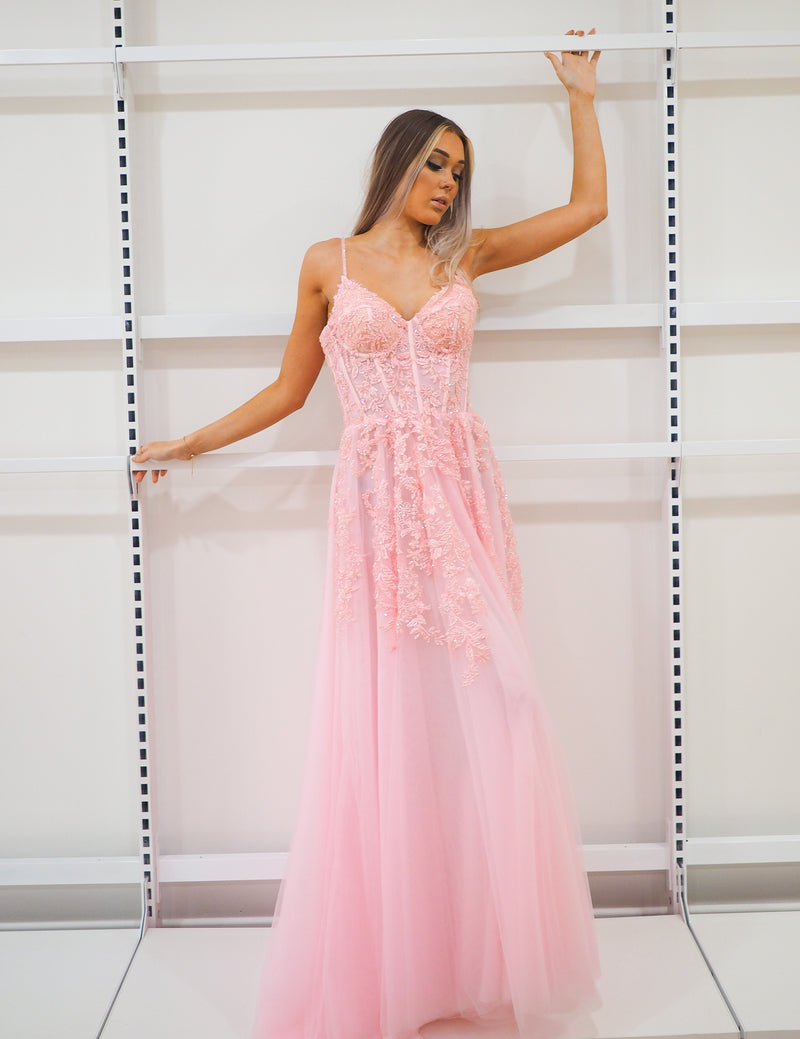 Baby Pink Tulle Prom Dress Sweetheart Corset – Lisposa