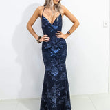 Navy Blue Sparkling lace criss-cross back mermaid dress (old style)