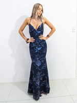 Navy Blue Sparkling lace criss-cross back mermaid dress (old style)