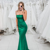 Green satin mermaid dress with a straight neckline and a criss cross back (sales)