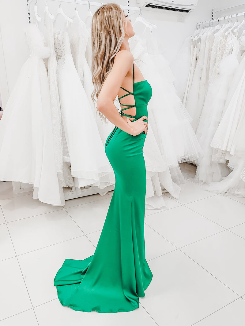 Emerald Off-shoulder Satin Slit Mermaid Custom Made Prom Dress