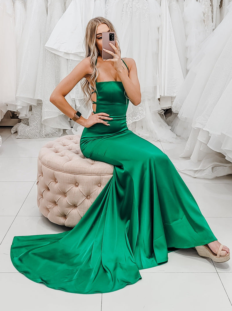 Autumn green satin mermaid dress with a straight neckline and a criss cross back (sales)