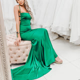 Green satin mermaid dress with a straight neckline and a criss cross back (sales)