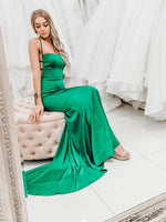 Autumn green satin mermaid dress with a straight neckline and a criss cross back (sales)