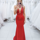 Dark red vine stretch knit Deep-V mermaid dress (sales)