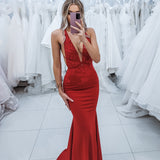 Dark red vine stretch knit Deep-V mermaid dress (sales)