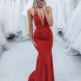 Dark red vine stretch knit Deep-V mermaid dress (sales)