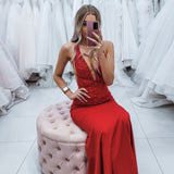Dark red vine stretch knit Deep-V mermaid dress (sales)