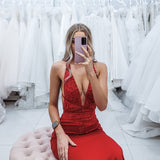 Dark red vine stretch knit Deep-V mermaid dress (sales)