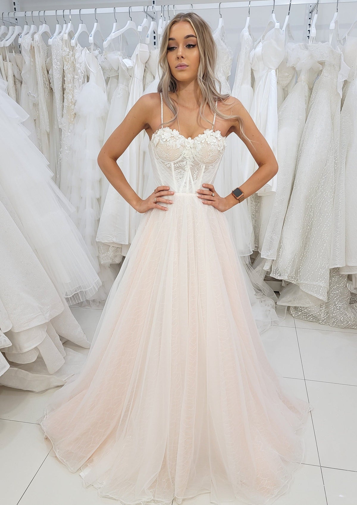 White flowery Bustier cup with a blush tulle skirt. – Destiny Chic