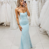 Blue sparkling mermaid dress crescent moon neckline