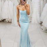 Blue sparkling mermaid dress crescent moon neckline