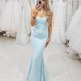 Blue sparkling mermaid dress crescent moon neckline