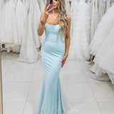 Blue sparkling mermaid dress crescent moon neckline