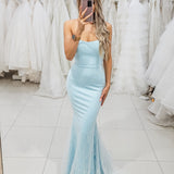 Blue sparkling mermaid dress crescent moon neckline