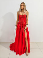Red bustier top tulle dress with slit