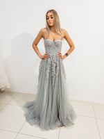 Quinn silver bustier top tulle with a slit