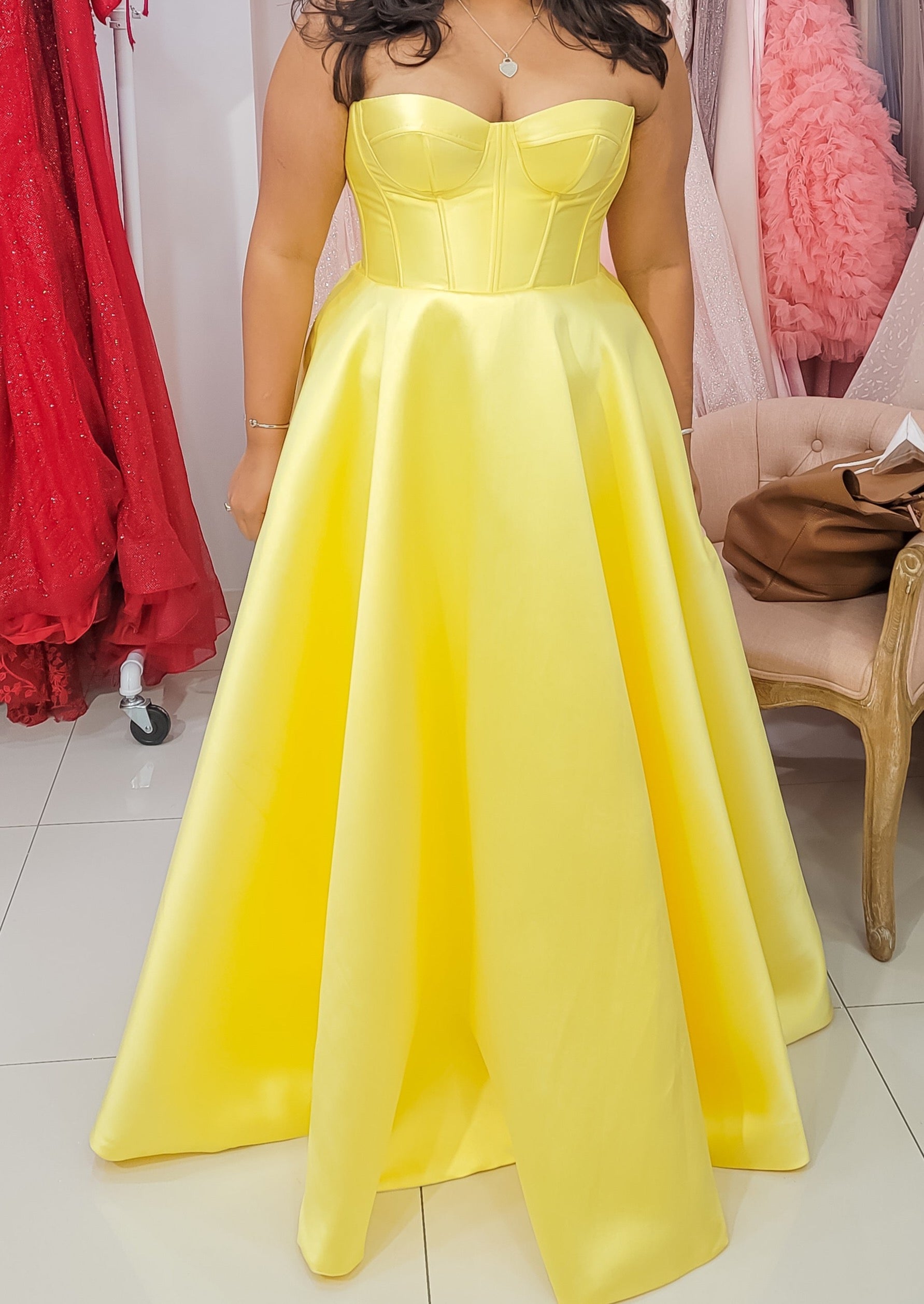 Sparkling yellow taffeta princess dress with bustier top custom-made –  Destiny Chic