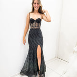 Black sparkling glittered mesh bustier mermaid dress