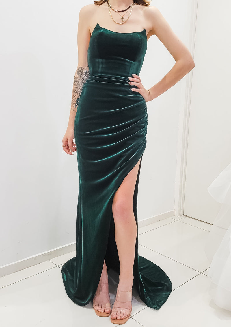 Velvet dark green column shaped dress with crescent moon neckline