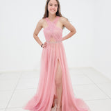 Baby pink criss cross front with sparkling band on bodice for hire