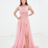Baby pink criss cross front with sparkling band on bodice for hire