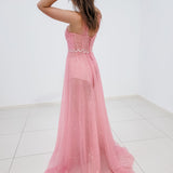 Baby pink criss cross front with sparkling band on bodice for hire