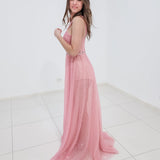 Baby pink criss cross front with sparkling band on bodice for hire