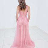Baby pink criss cross front with sparkling band on bodice for hire