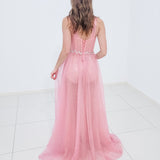 Baby pink criss cross front with sparkling band on bodice for hire