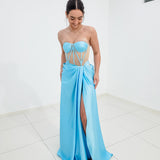 Baby blue bustier top with transparent bodice and high slit dress for hire