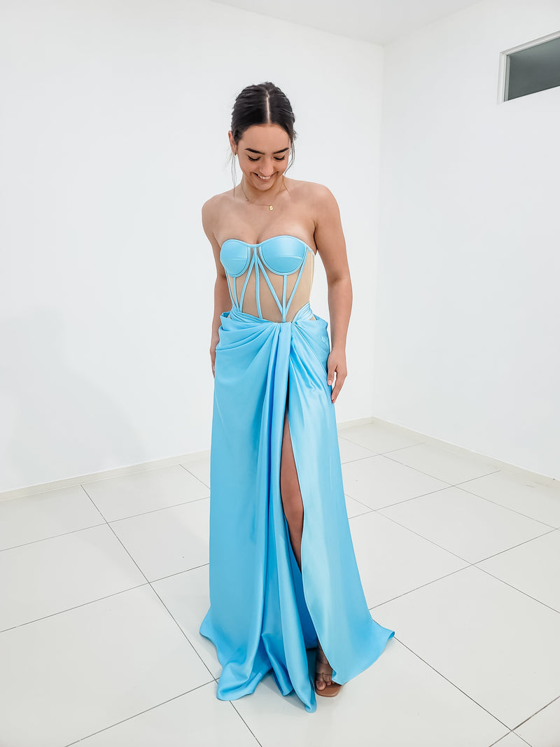 Baby blue bustier top with transparent bodice and high slit dress for hire