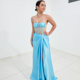 Baby blue bustier top with transparent bodice and high slit dress