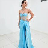 Baby blue bustier top with transparent bodice and high slit dress for hire