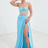 Baby blue bustier top with transparent bodice and high slit dress