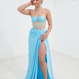 Baby blue bustier top with transparent bodice and high slit dress for hire