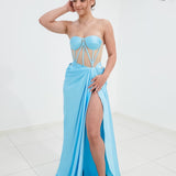 Baby blue satin dress with sheer corset top for hire
