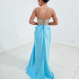 Baby blue bustier top with transparent bodice and high slit dress for hire