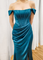 Teal Satin mermaid dress with ribbed corset and off the shoulder sleeves for hire