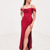 Dark Red Satin column dress with off the shoulder and high slit for hire