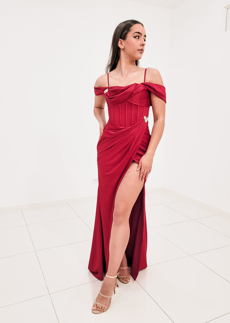 Dark Red Satin column dress with off the shoulder and high slit for hire