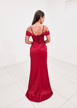Dark Red Satin column dress with off the shoulder and high slit