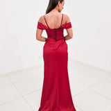 Dark Red Satin column dress with off the shoulder and high slit for hire