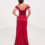 Dark Red Satin column dress with off the shoulder and high slit for hire