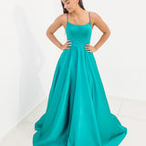 Turquoise green with crescent moon neckline and bowed back