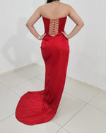 Deep Red Europa Gown with lace up back for hire