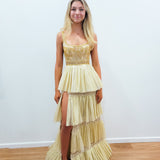 Sparkling gold pleated tulle 4-tiered dress with slit