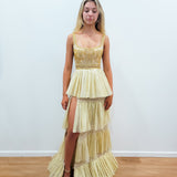 Sparkling gold pleated tulle 4-tiered dress with slit