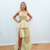 Sparkling gold pleated tulle 4-tiered dress with slit