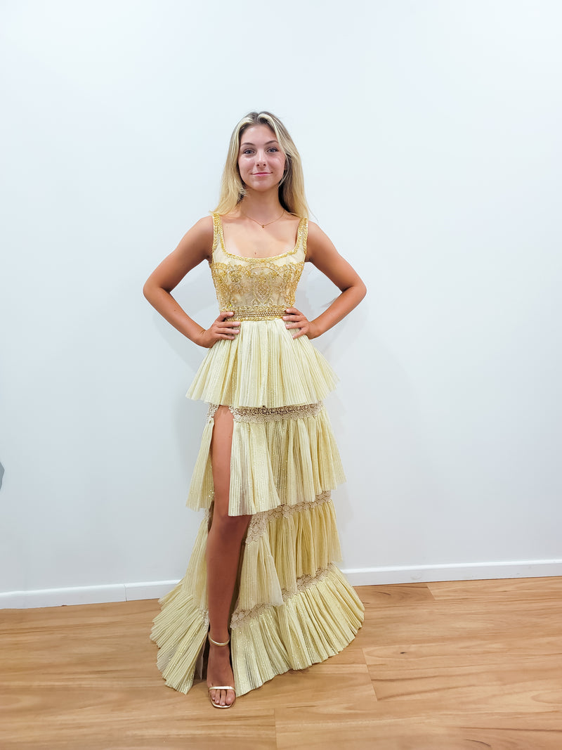 Freya sparkling gold pleated tulle 4-tiered dress with slit